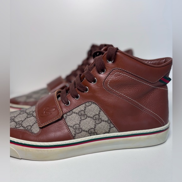 GUCCI Monogram Canvas Web GG Brown Leather High Top Men’s Sneaker Strap Size 12 - Picture 5 of 17